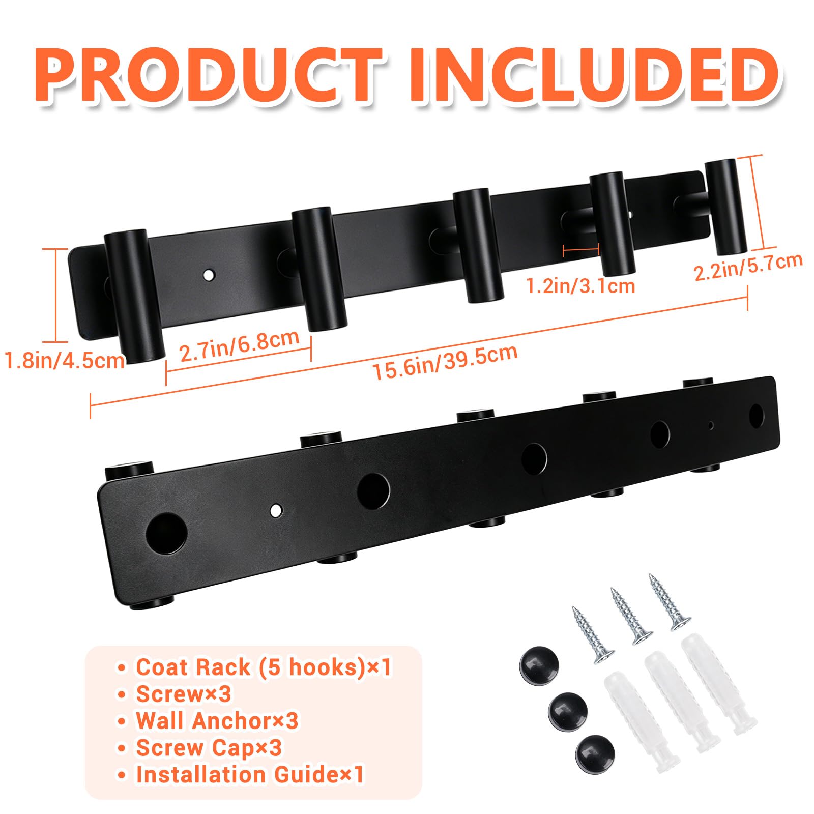 Matte Black Steel Wall Coat Rack 15.6in, 5 Hooks for Bathroom Hallway