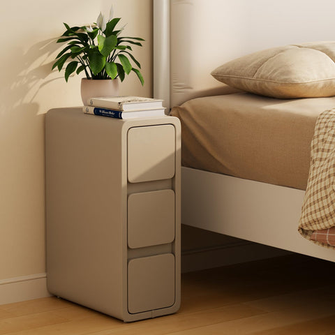 AQIMUELE Small Bedside Table, Slim Bedside Table with 3 Drawers, Assembled Narrow Side End Table with Leather Surface for Bedroom, 20cm (Khaki)