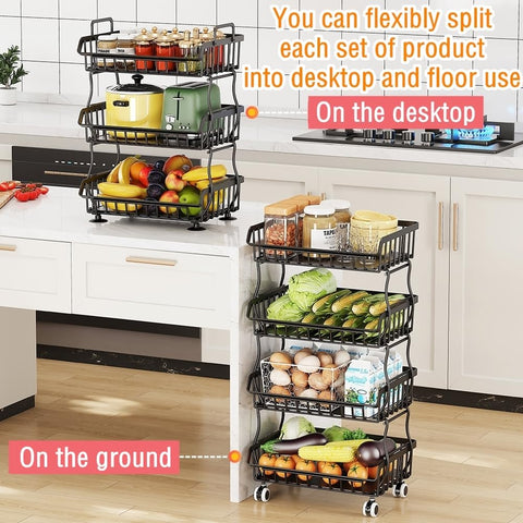 Rolling Metal Wire Basket Storage Cart with Top Handle and Wheels, Heavy Duty Stackable Organizer, Can Seperated to Use for Kitchen, Bathroom, Bedroom