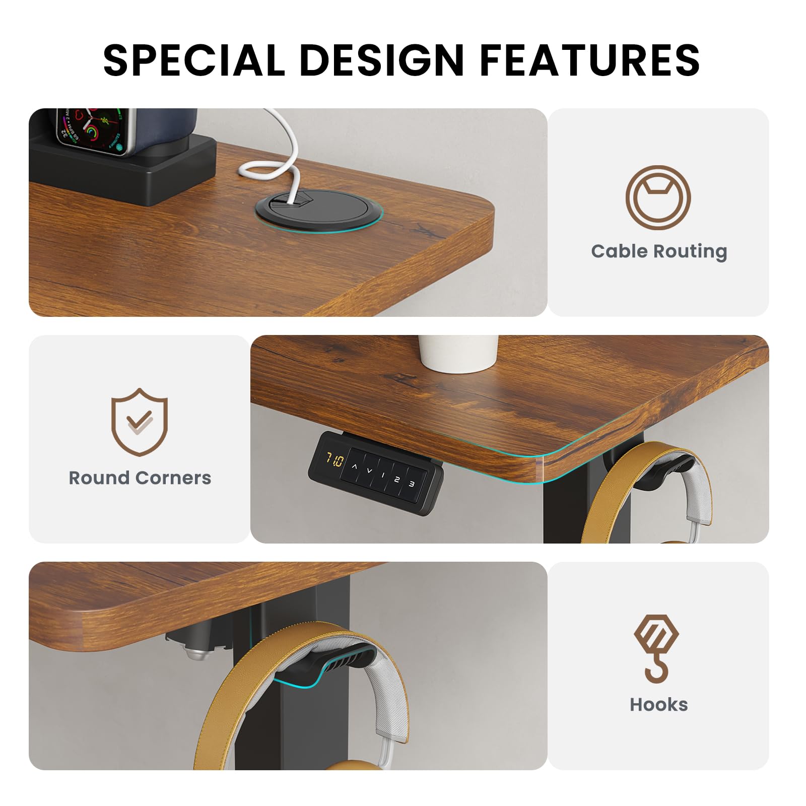 Farini U-Shaped Ergonomic Electric Standing Desk, 120x60cm, Height Adjustable Sit to Stand Desk with Memory Keypad & Headphone Hook for Home and