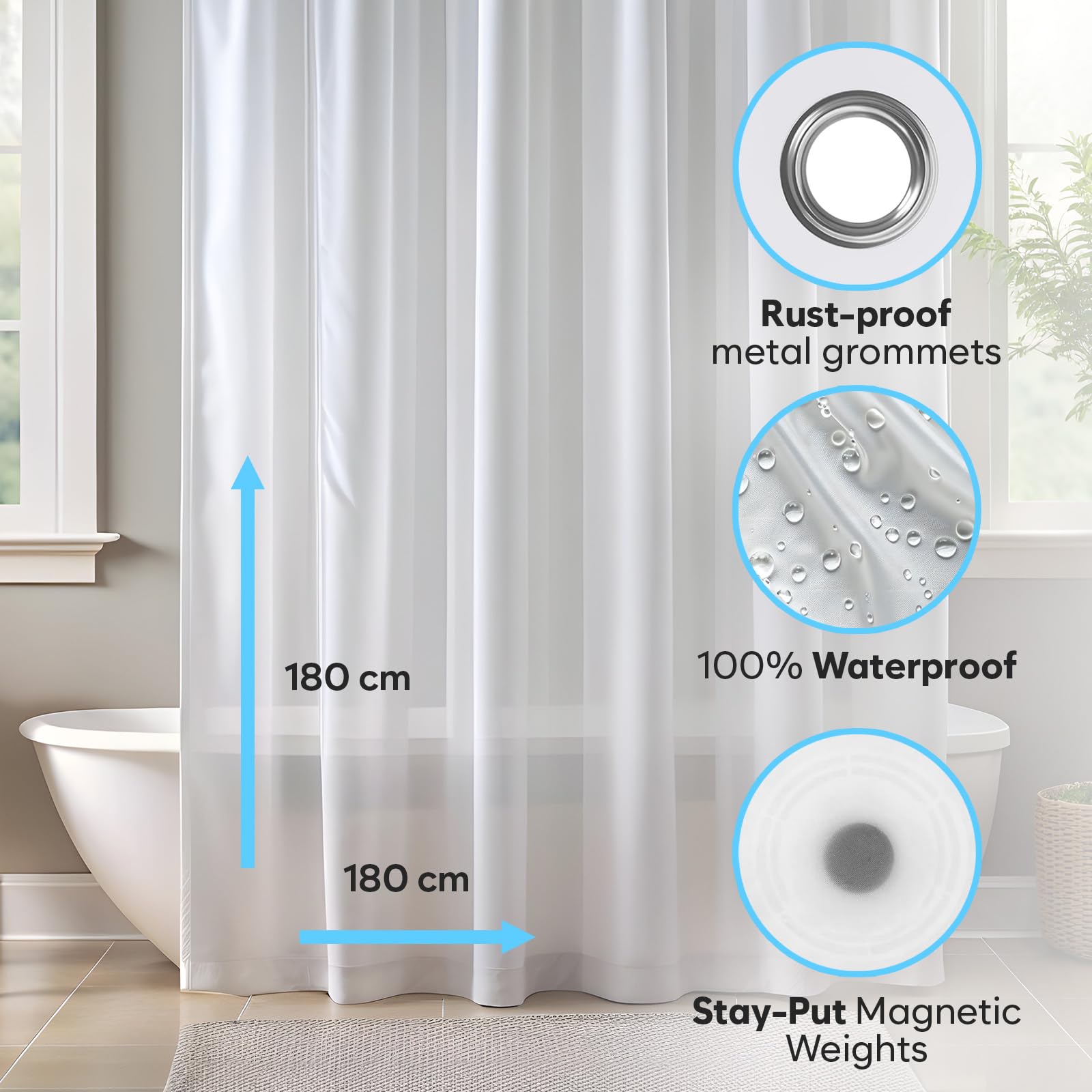 ZENO Frosted Shower Curtain Liner - 72" x 72" Size - Premium PEVA Shower Liner - Rustproof Grommets - 3 Magnets