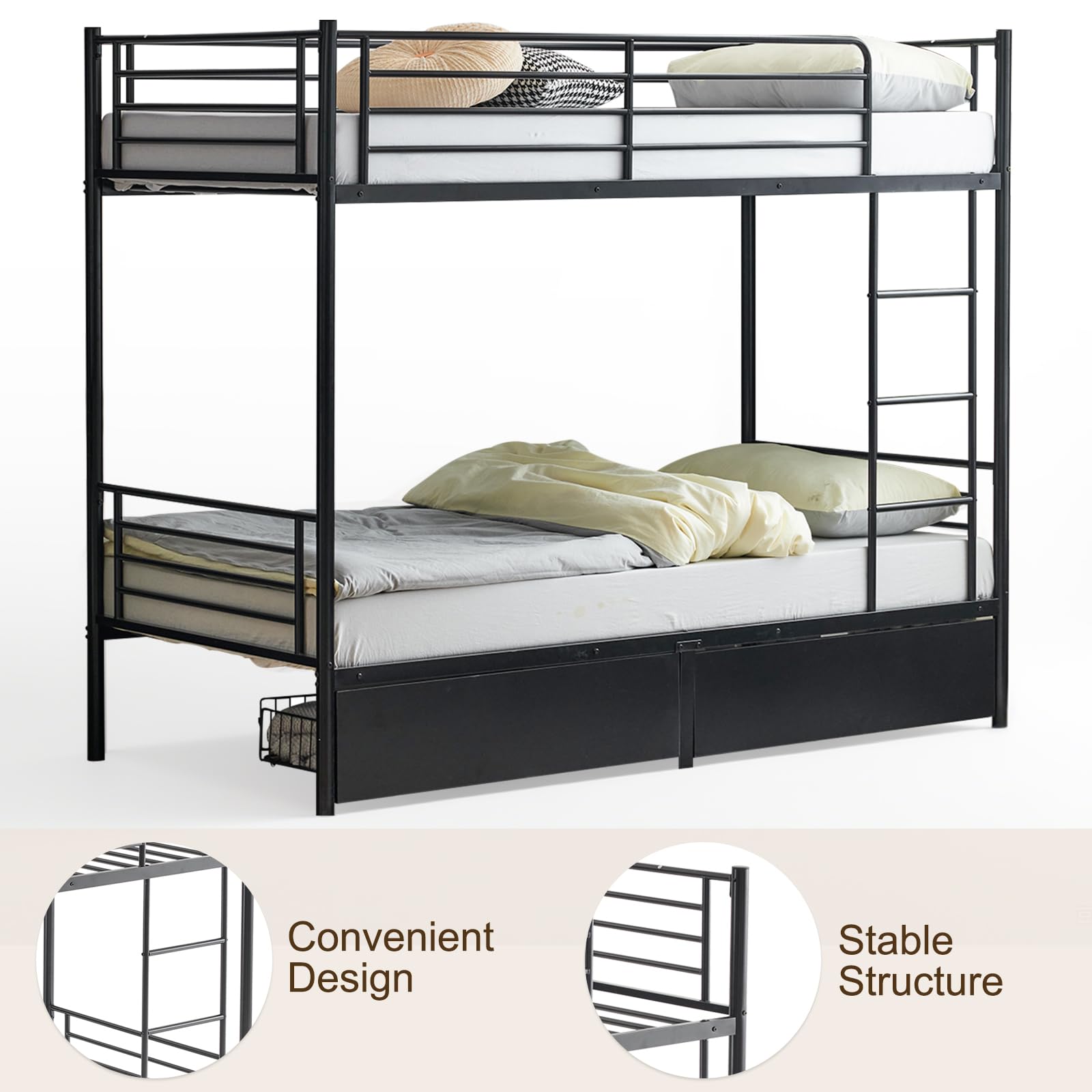Karl home Heavy Duty Metal Bunk Bed Frame with 2 Large Drawers, Black