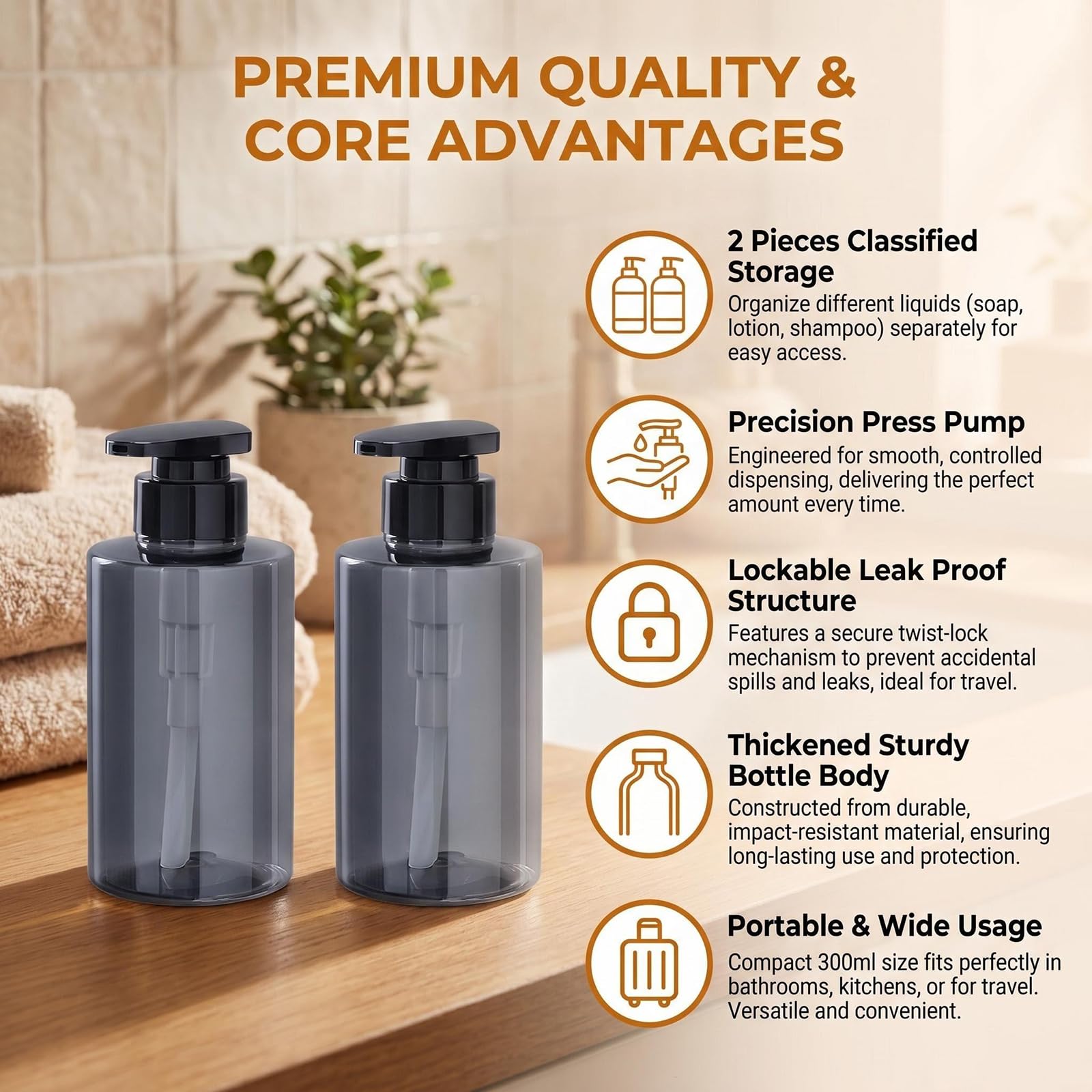 ASTRQLE 2Pcs 300ml/10oz Grey Refillable Plastic Soap Dispenser Pump Bottles