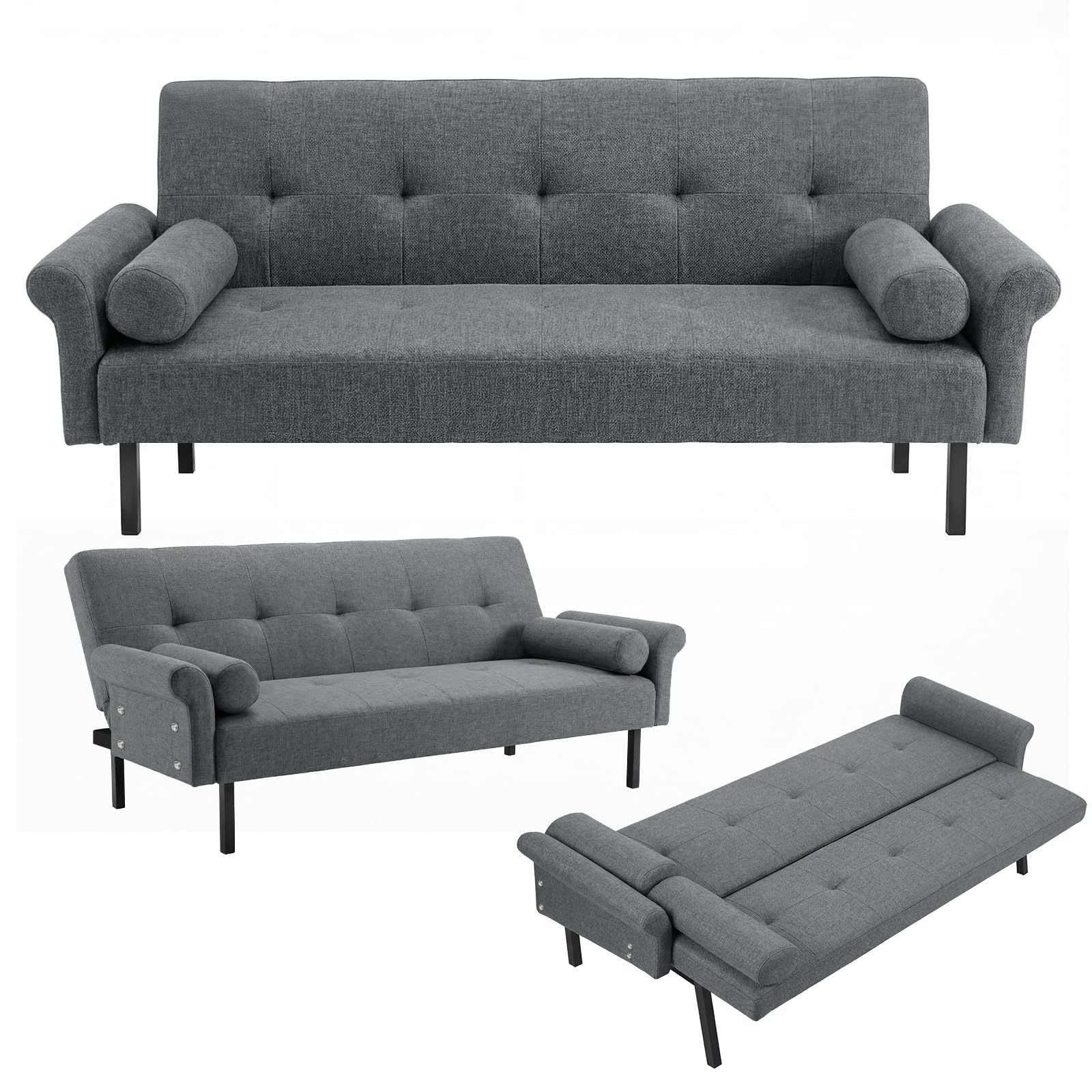 Panana Modern 3 Seater Sofa Bed, Fabric Upholstered Sofa bed with Metal Legs,Futon Recliner Lounge for Living Room, Spare Room, Bedroom