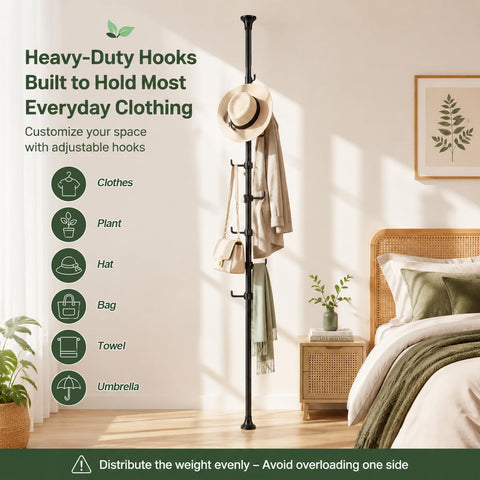Sempicad Coat Rack Freestanding, 56 to 125 inch Adjustable Tension Rod Hanger with 12 Hooks for Hanging Coat, plant,Jacket, Hat, Scarf