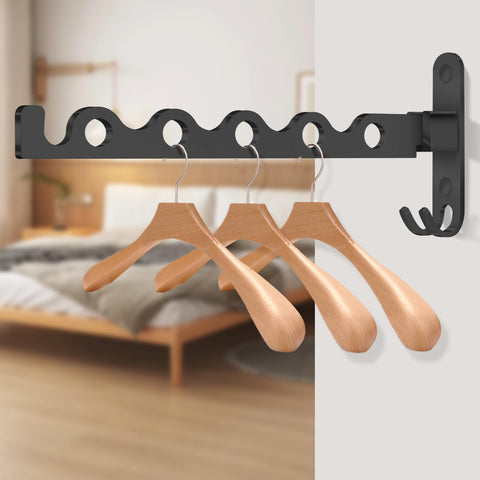 MEIJO Wall-Mounted Clothes Rack Black, Foldable Wall Mounted Clothes Rail, 90° Rotation Heavy Duty Wall Clothing Drying Rack Wall Coat Rack for