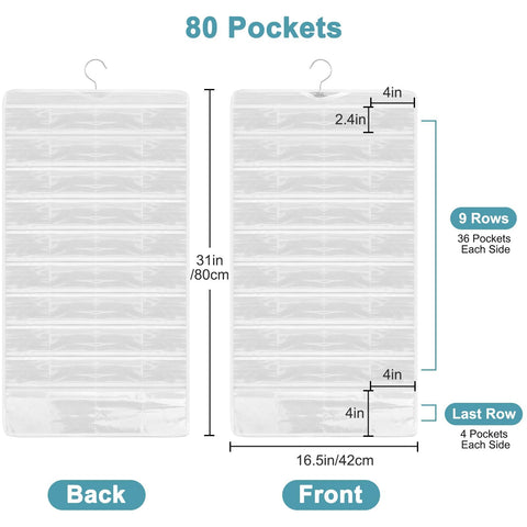 Linkstyle 80 Pocket Hanging Jewellery Organiser, Double-Sided Travel Jewelry Storage Roll, Jewelry Holder Bag with Hook, 1PCS