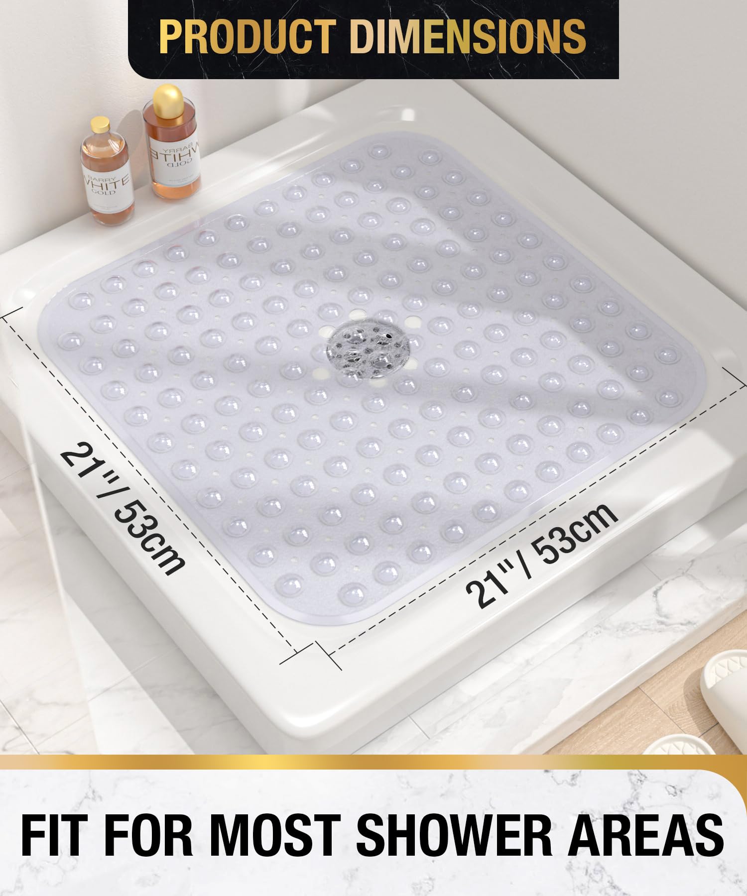 HITSLAM Square Shower Mat Non Slip Anti Mould, 53 x 53cm Bath Mat for Tub with Suction Cups and Drain Holes