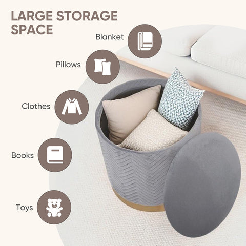 Bonlife Large Round Storage Ottoman, Foldable Footstool with Lid