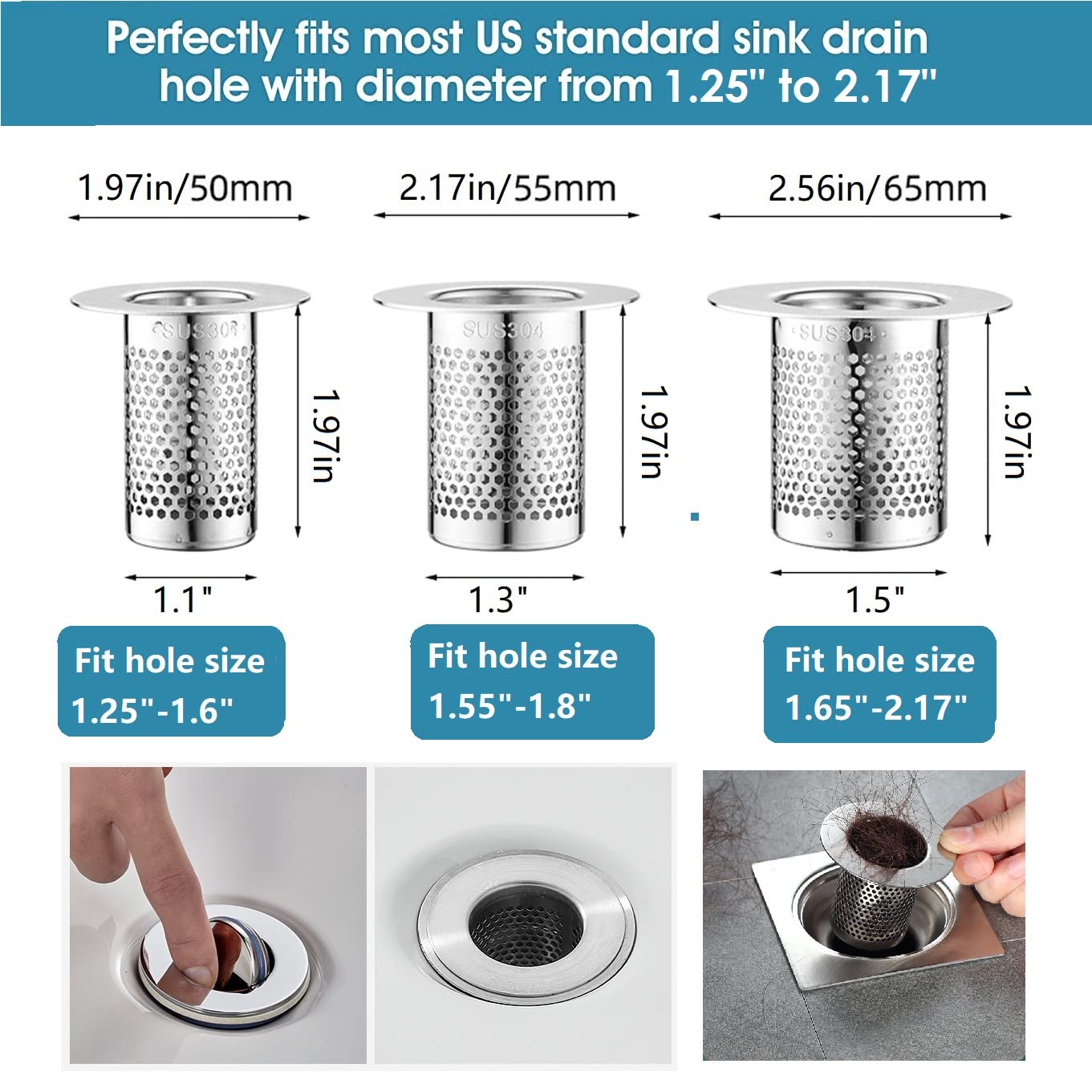 CNSZNAT 3-Pack Hair Catcher Shower Drain Strainer, Floor Drain Strainer, Stainless Steel Sink Strainer for Bathroom Washbasin Bathtub Drain
