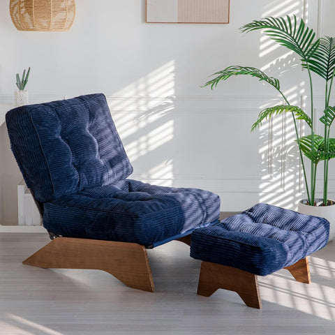 MAXYOYO Corduroy Folding Accent Chair with Footrest, Modern Upholstered Lounge Chair with Adjustable Backrest