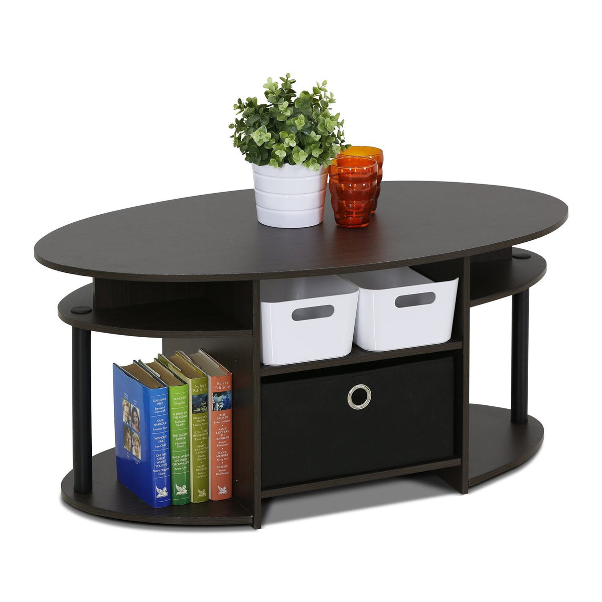 Furinno JAYA Coffee Table, Oval Modern Coffee Table with Shelves and Storage Bin, Side Table, for Living Room, Bedroom, Home Office, Walnut