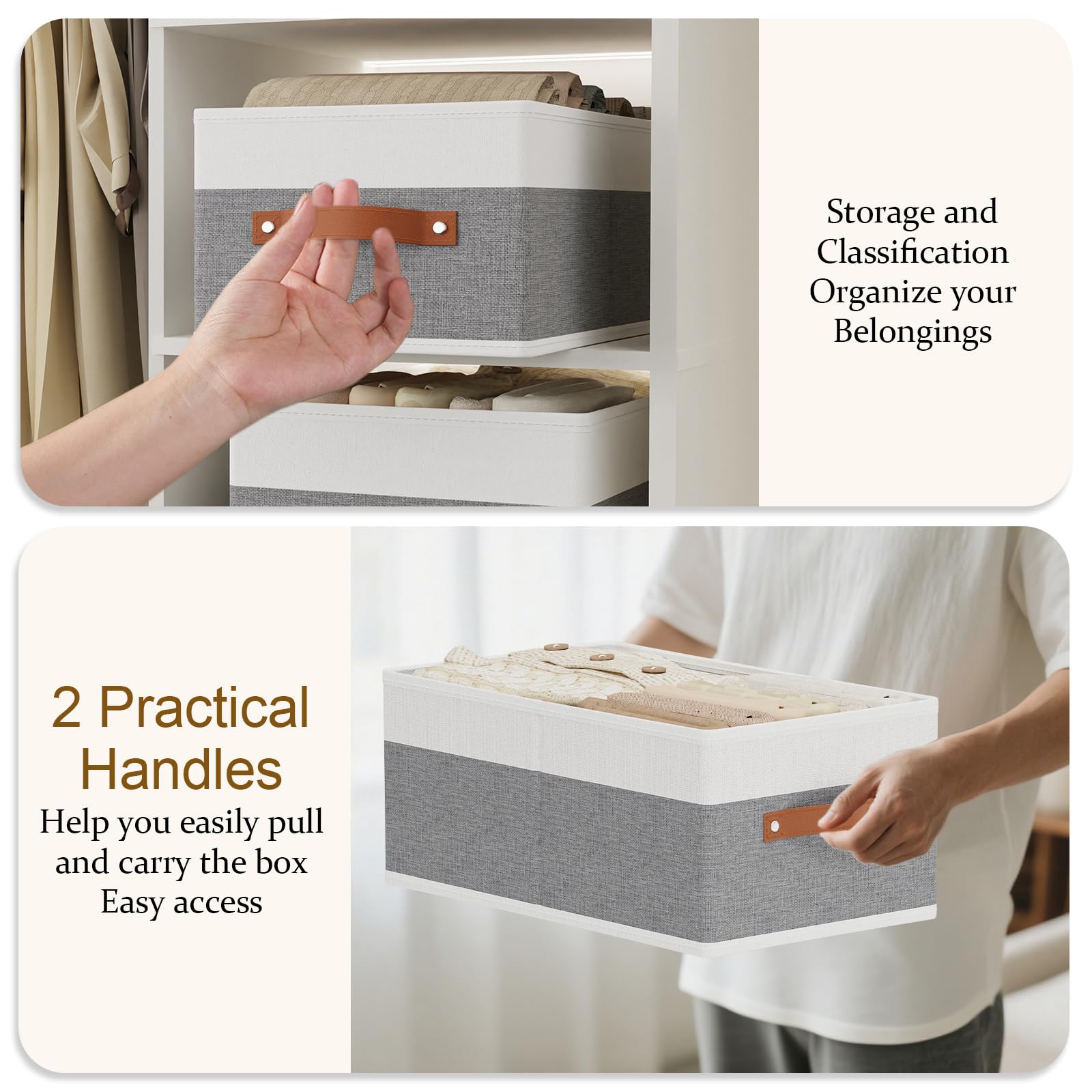 YheenLf Collapsible Storage Boxes,White/Grey Baskets,41×25×16.5cm,4Pack