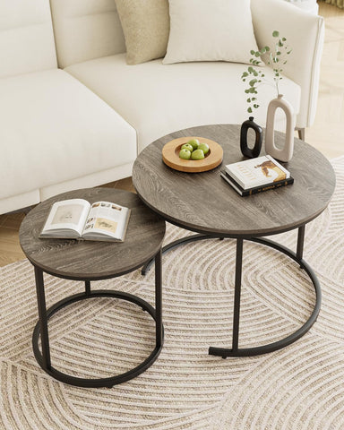 HEYZOEY Round Coffee Tables, Removable Set of 2 End Table, Nesting Tables with Black Metal Frame Legs and Wooden Grey Top for Living Room, Bedroom