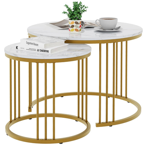 Round Coffee Tables, Set of 2 End Table, Nesting Tables, Side Table with Metal Frame for Living Room/Bedroom/Balcony/Office/Apartment