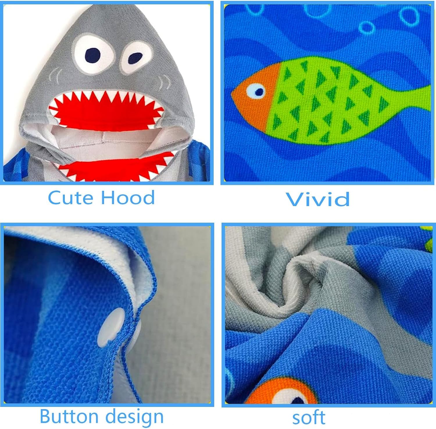 Kids Hooded Poncho Towels Blue Shark Beach Towel with Hooded for Boys,60*90cm Bath Towel Poncho Beach Changing Robe for 5-7 th Old Boys,Polyester