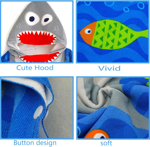 Kids Hooded Poncho Towels Blue Shark Beach Towel with Hooded for Boys,60*90cm Bath Towel Poncho Beach Changing Robe for 5-7 th Old Boys,Polyester