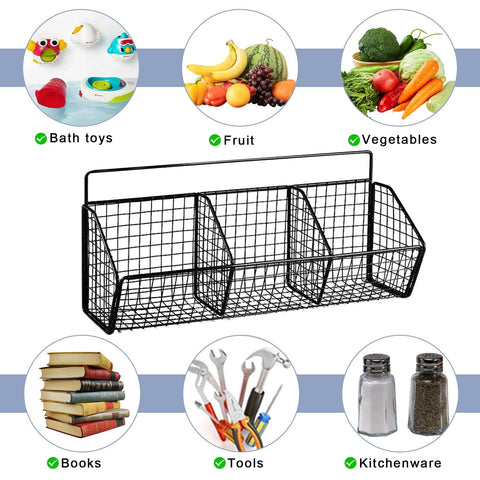 Gzsekken Wall-Mounted Hanging Kitchen Storage Baskets,Metal Storage Baskets with 3 Sections Wire Basket Kitchen No Drilling Adhesive Basket Organiser