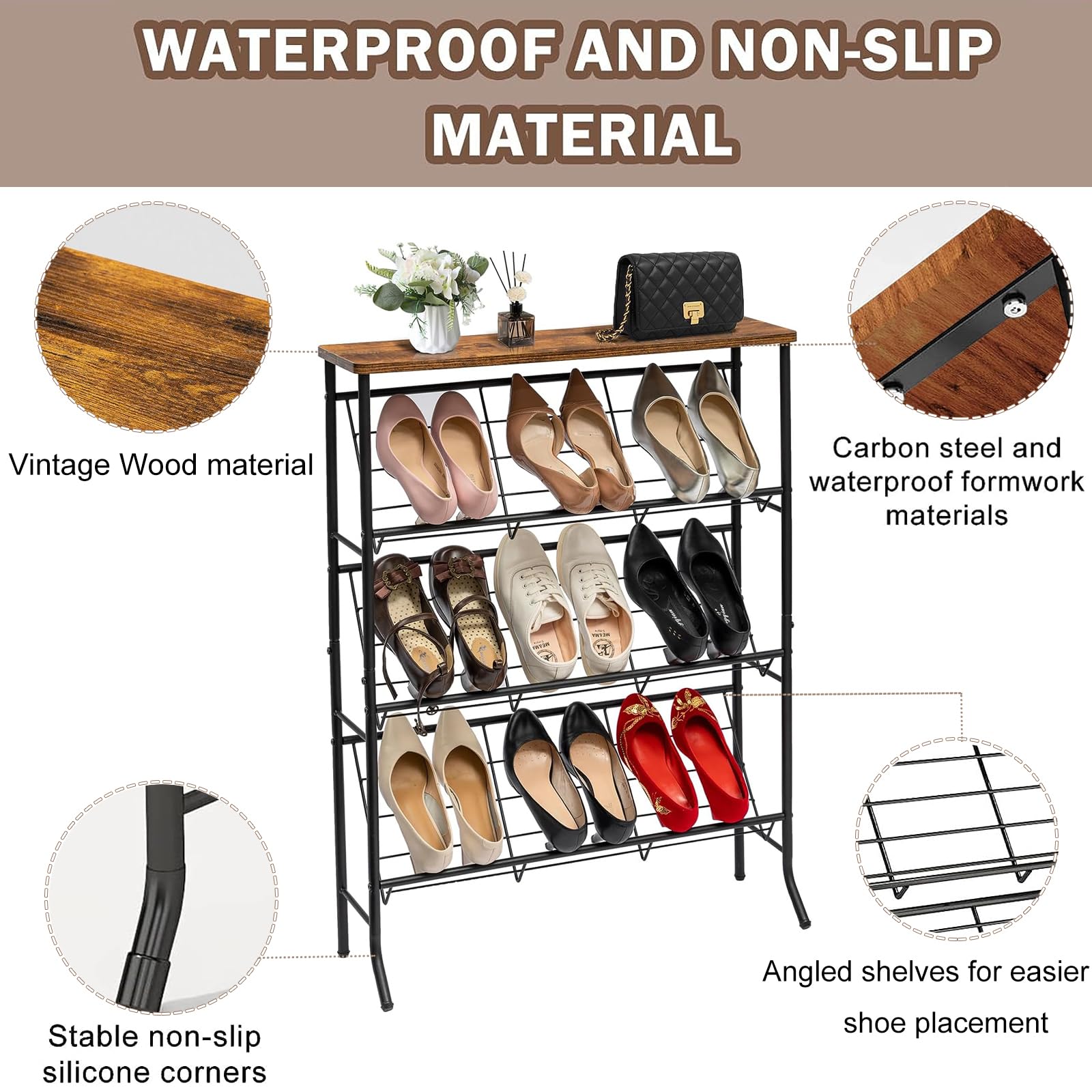 SHMSHNG Shoe Rack Slim Metal Shoe Rack with 4 Levels, Stackable Small Shoe Rack, Shoe Rack Organiser for 12-16 Pairs of Shoes