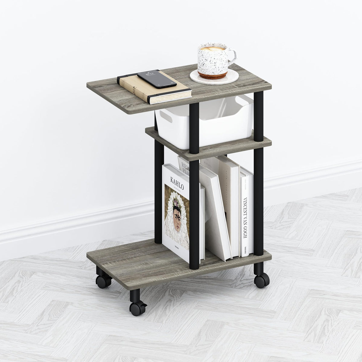 Furinno TOMI Side Table, 3-Tier C-Shape Open Shelf End Table with Wheels, Night Stand, Bedside Table, Toolless Assembly, for Living Room, Bedroom