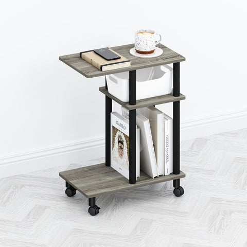 Furinno TOMI Side Table, 3-Tier C-Shape Open Shelf End Table with Wheels, Night Stand, Bedside Table, Toolless Assembly, for Living Room, Bedroom