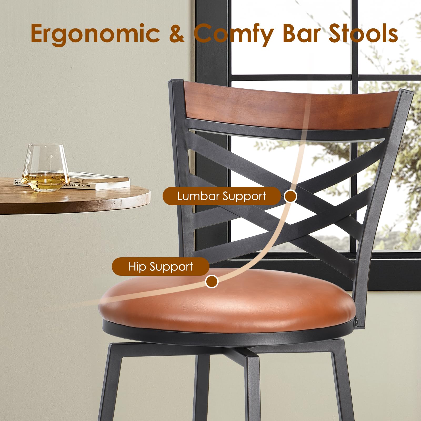 Farini Swivel Bar Stools Set of 2, Country Style Chairs with Back and Footrest for Kitchen Island, Pub, Restaurant