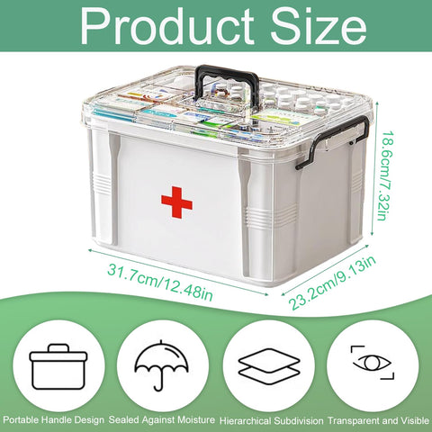 White-L Double Layer Medicine Organiser - Portable First Aid Box with Multi Grid Storage for Home & School