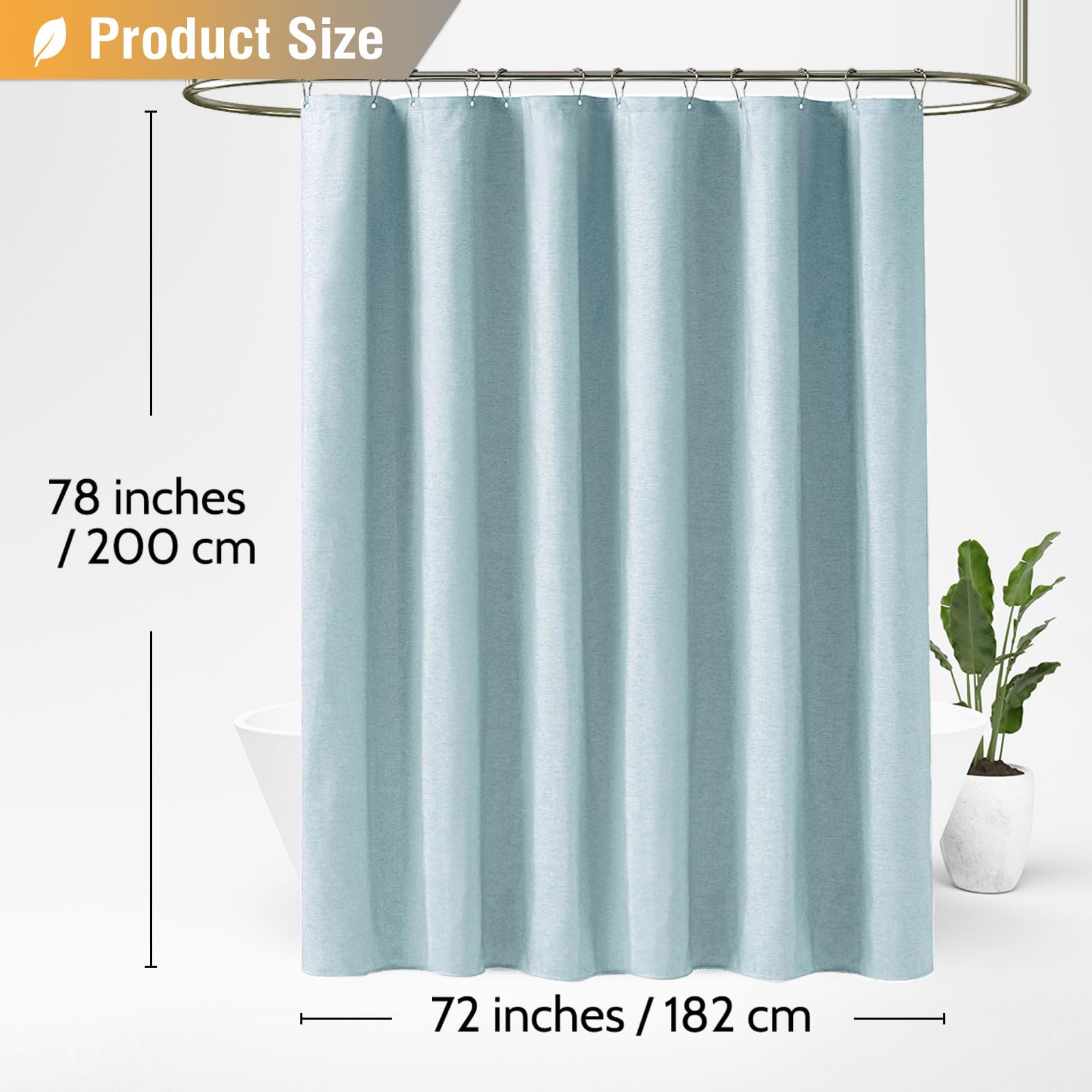 BTTN Long Linen Look Shower Curtain, Waterproof, 182x200cm, Fog Blue