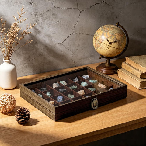 NBEADS 24 Grids Rock Collection Box, Wooden Display Cases for Raw Rock Crystal Collection Box with Shelves for Stones Collectibles Gemstone Crystals