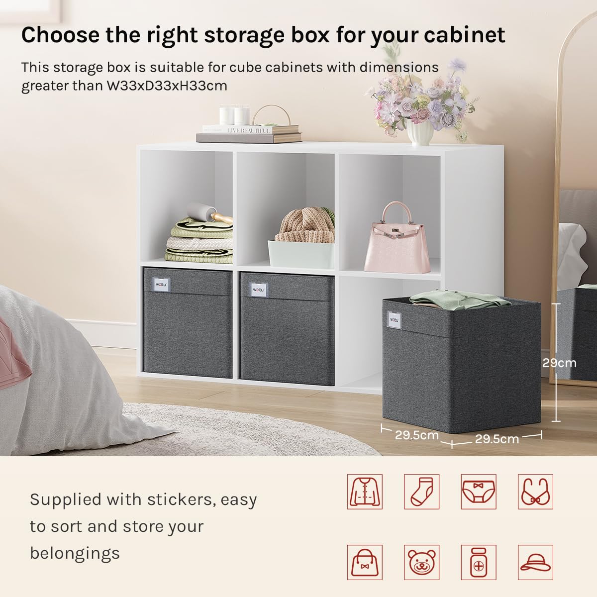 WOLTU Collapsible Storage Boxes Set of 5, Fabric Storage Cubes with Handles and Label Holders, Wardrobe Organisers for Shelves, Bedroom, Living Room