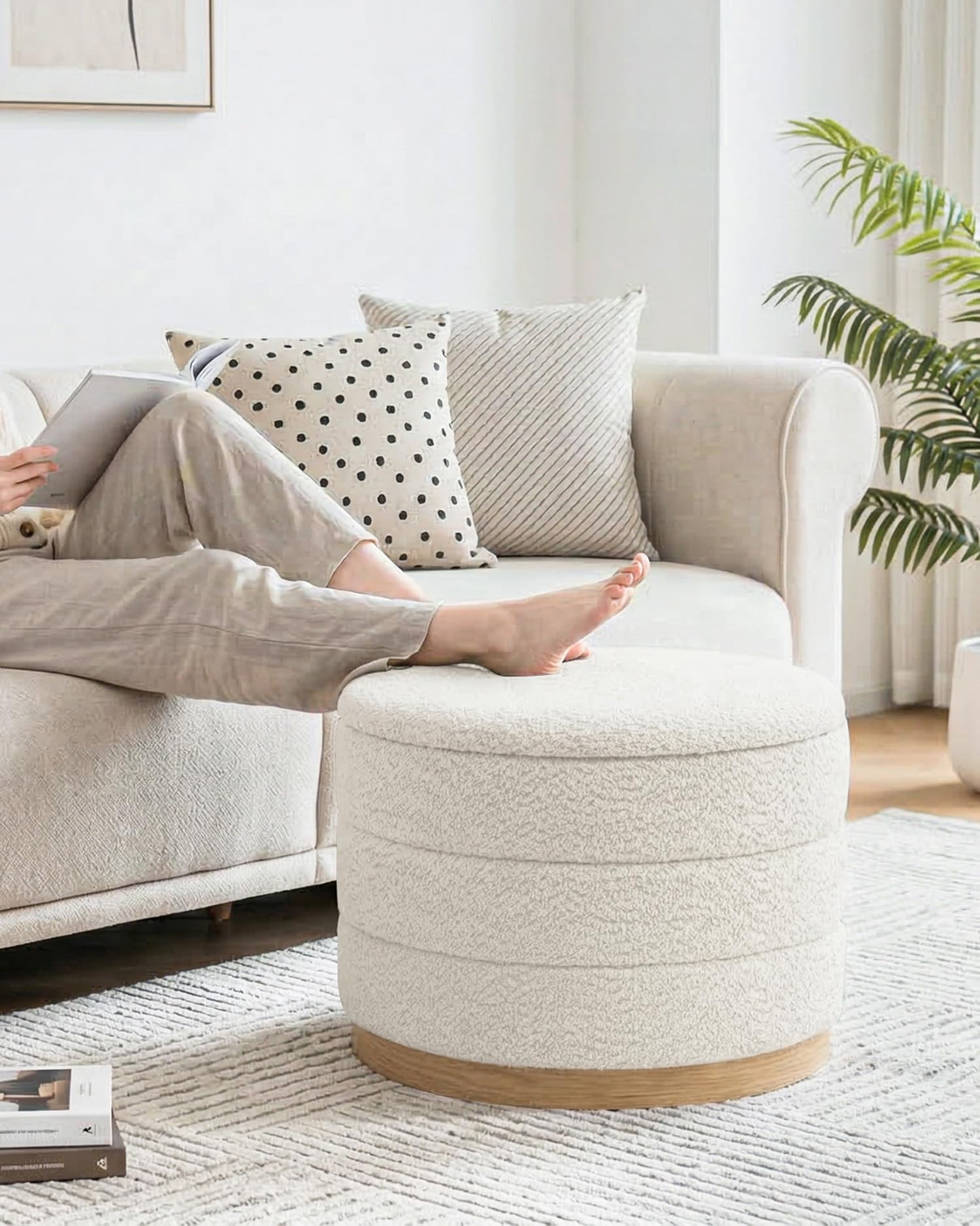 Bonlife Round Chenille Storage Ottoman Coffee Table, Folding Footstool with Table Top