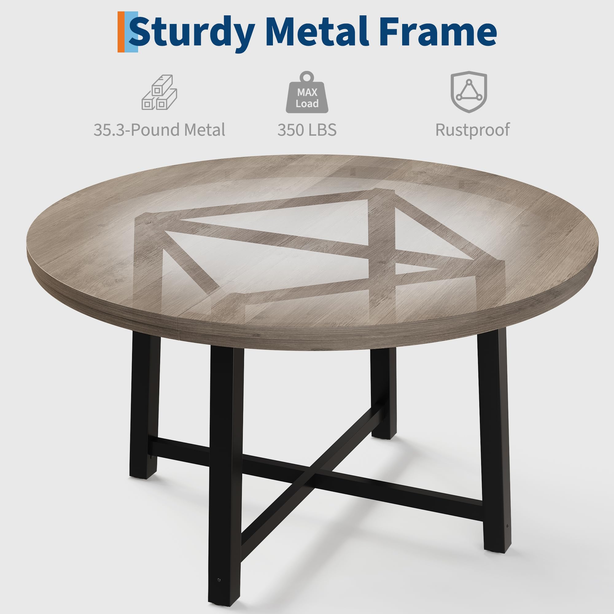 47 in Round Dining Table, Industrial Dinner Table for 4 to 6, Wooden Kitchen Table with Sturdy Metal Frame & Rustic Light Oak Finish