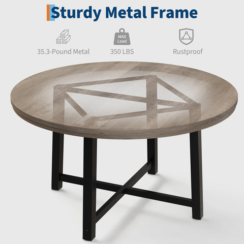 47 in Round Dining Table, Industrial Dinner Table for 4 to 6, Wooden Kitchen Table with Sturdy Metal Frame & Rustic Light Oak Finish