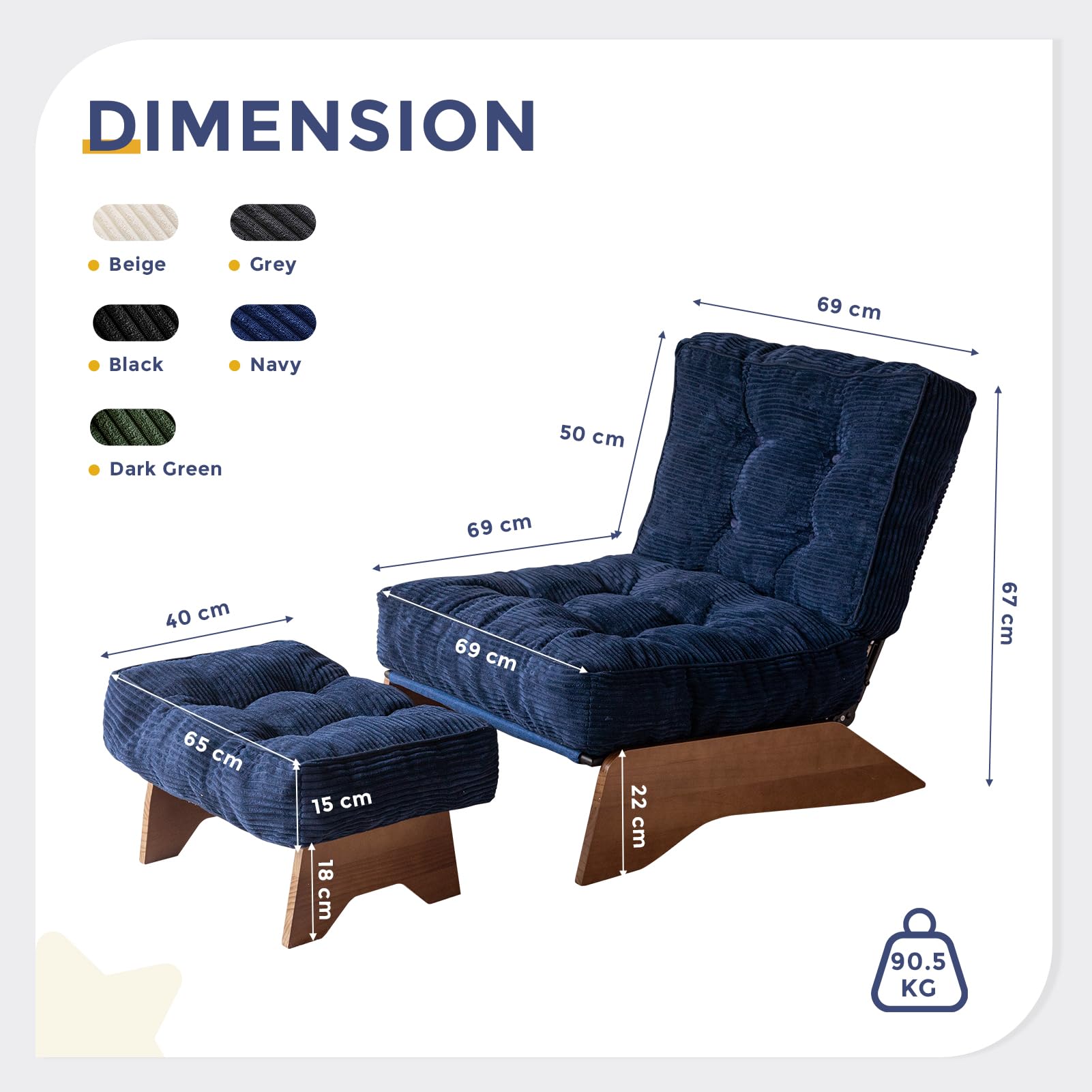 MAXYOYO Corduroy Folding Accent Chair with Footrest, Modern Upholstered Lounge Chair with Adjustable Backrest
