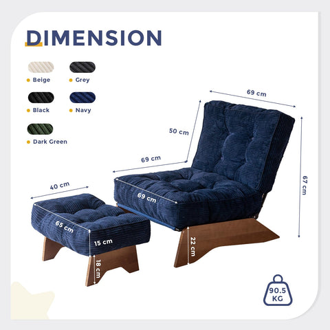 MAXYOYO Corduroy Folding Accent Chair with Footrest, Modern Upholstered Lounge Chair with Adjustable Backrest