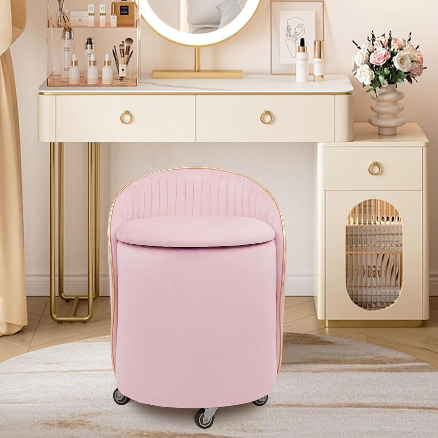KLASIKA Round Storage Ottoman, Upholstered Velvet Vanity Stool with Lumbar Support, Swivel Rolling Wheels