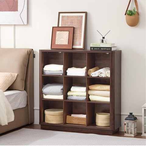 LELELINKY 9 Cube Storage Bookcase, 41" Wide Wooden Book Shelf with Thickened Base, Freestanding 3-Tier Open Book Case Unit with Curved Edge