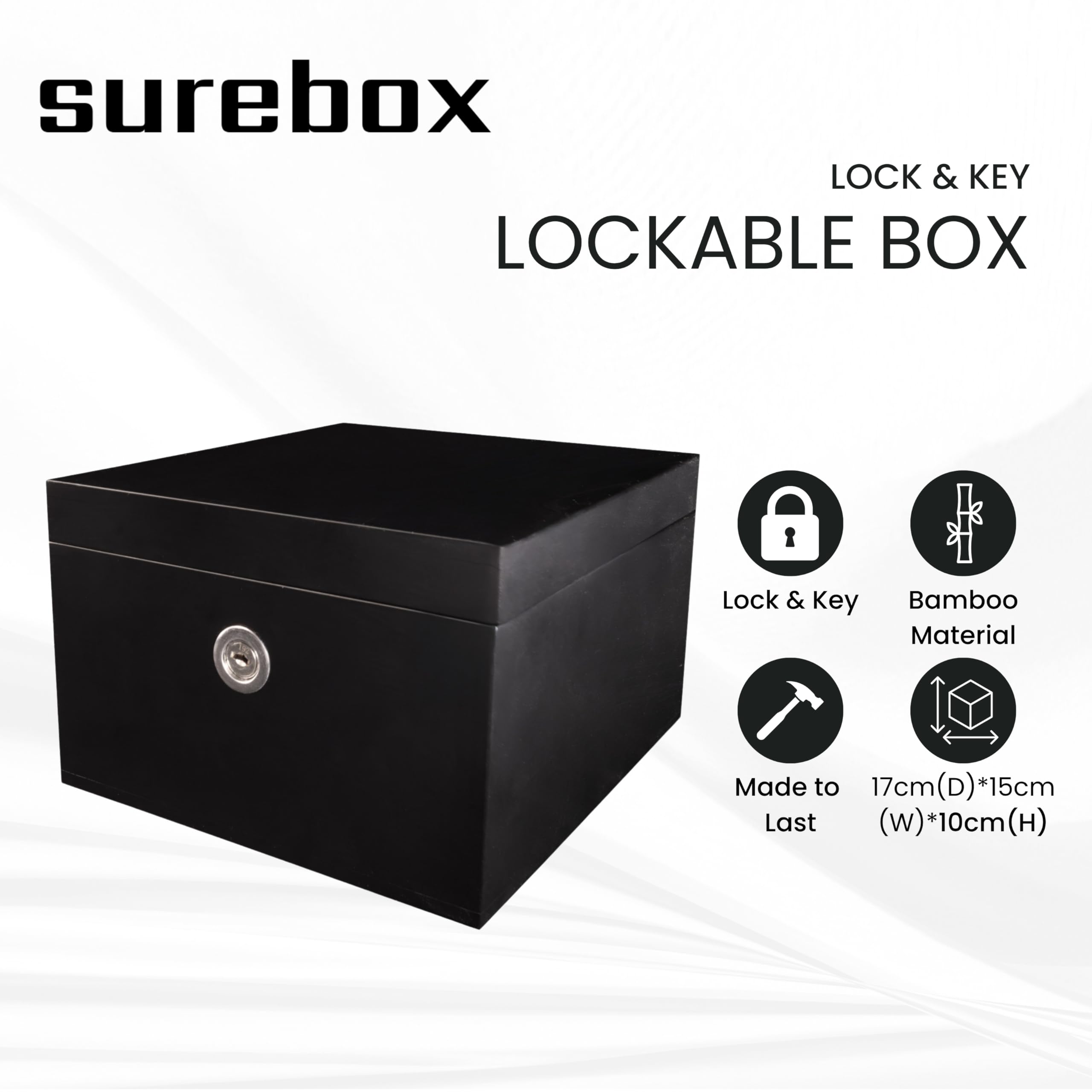 surebox Small Bamboo Lock Box - Lock & Key, Secure Home Storage