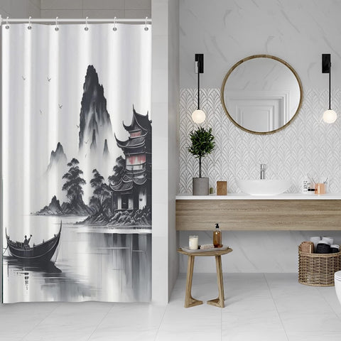 SDOTPMT 90x180cm Japanese Asian Ink Painting Shower Curtain Foggy Mountain Boat Wild Goose Bathtub Curtain Outdoor Natural Scenery Bath Curtain for