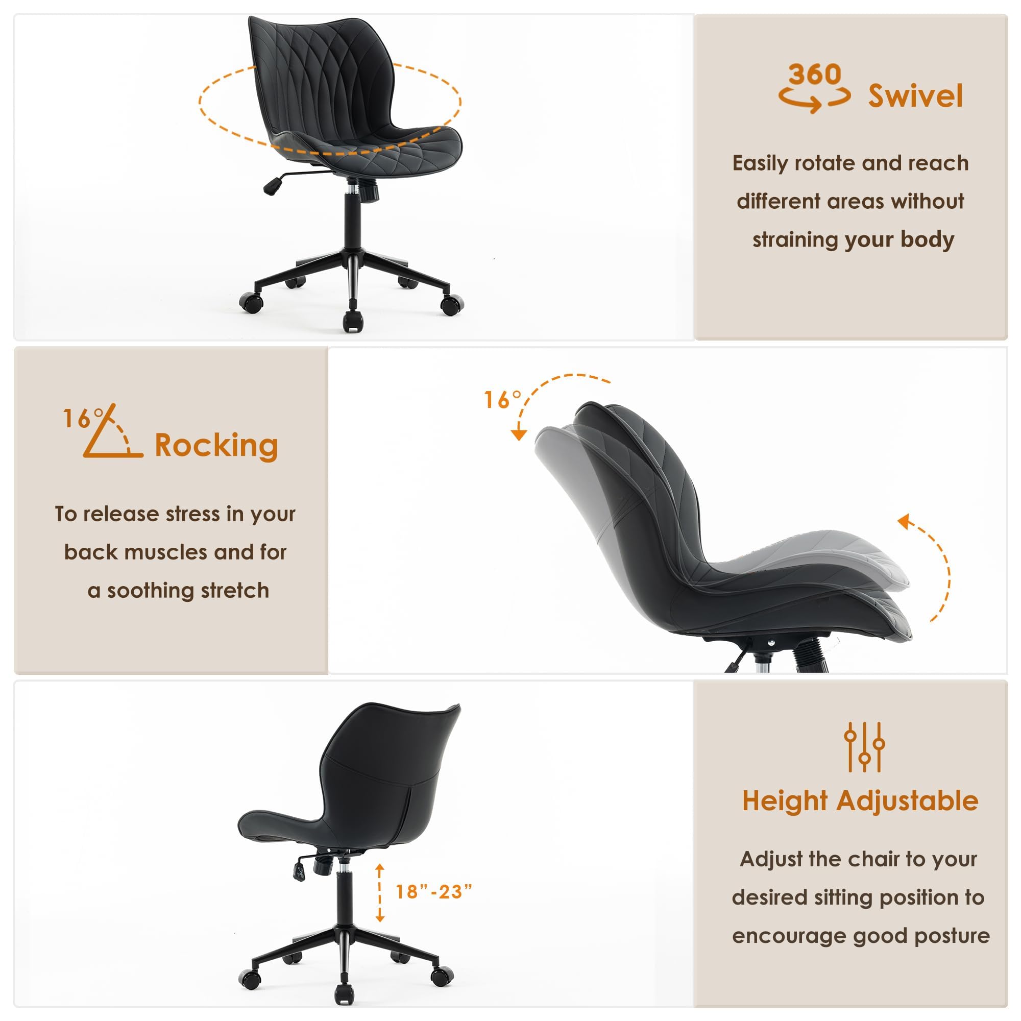 YOUNUOKE Desk Chair Adjustable Home Office Chair with Wheels, Black