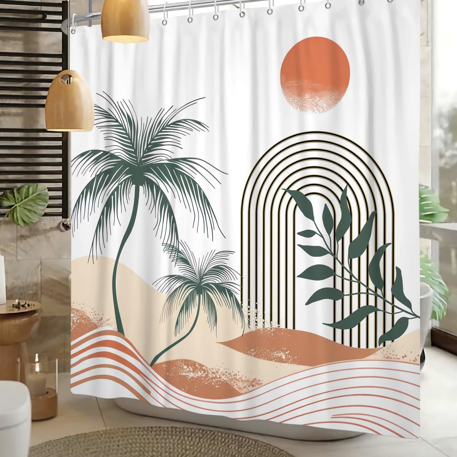 Xiaoterna Boho Sun Line Shower Curtain Palm Trees Summer Sand Beige Waterproof Bathroom Curtain Abstract Waves Green Leaves White Polyester Fabric