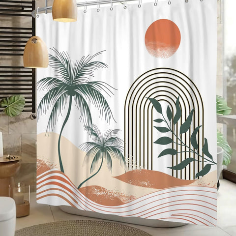 Xiaoterna Boho Sun Line Shower Curtain Palm Trees Summer Sand Beige Waterproof Bathroom Curtain Abstract Waves Green Leaves White Polyester Fabric