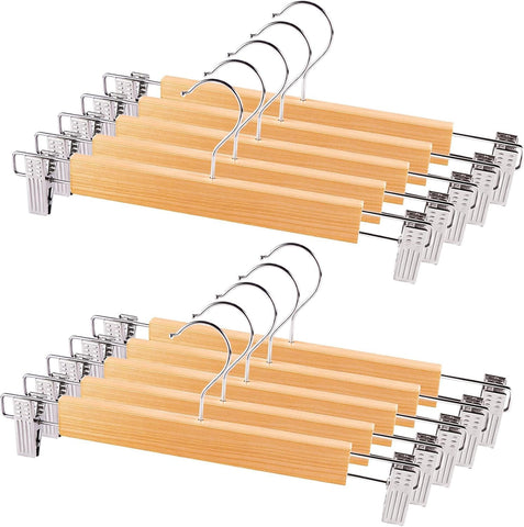 10Pack Wooden Trouser Hangers with Clips, 35cm Skirt Coat Hangers,Clothes Hangers for Shorts,Pants,Kilt,Jeans,Heavy Duty,Adjustable,Adult,360° Swivel