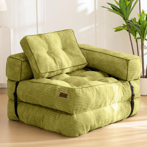 MAXYOYO Foldable Sofa Bed,Bean Bag Couch Convertible Sleeper Chair with Armrest L-Shaped Floor Lounge Sofa with Pillow Portable Lounge Seat for