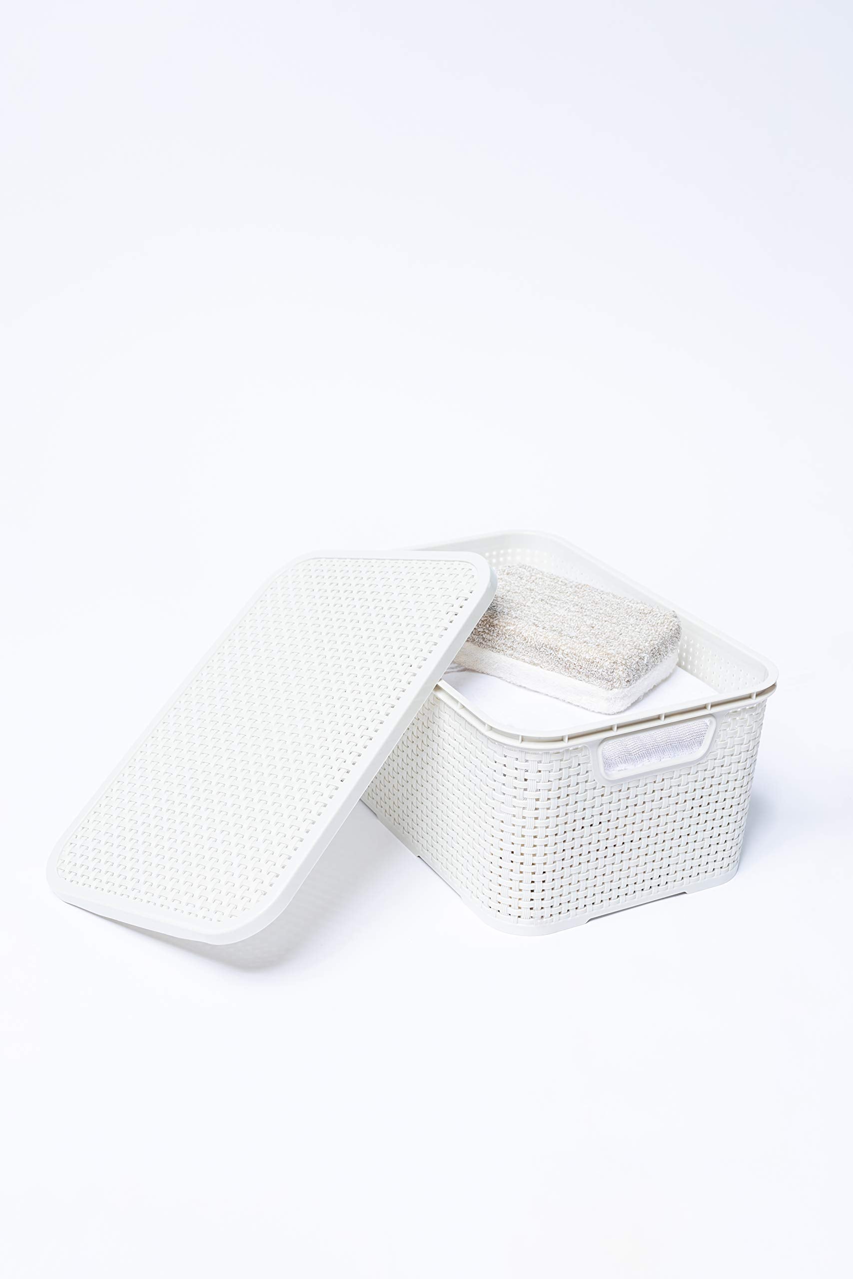 BranQ Home essential Lid Basket in Rattan Design Set of 2 Size M 10 L Plastic Polypropylene Cream 10 L