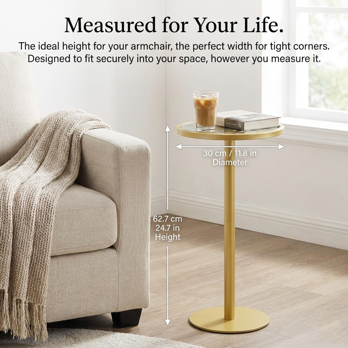 ZEXVIDA Gold Drink Table, Indoor Outdoor Small Round Side Table with Tempered Glass Top & Scroll Design
