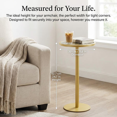 ZEXVIDA Gold Drink Table, Indoor Outdoor Small Round Side Table with Tempered Glass Top & Scroll Design
