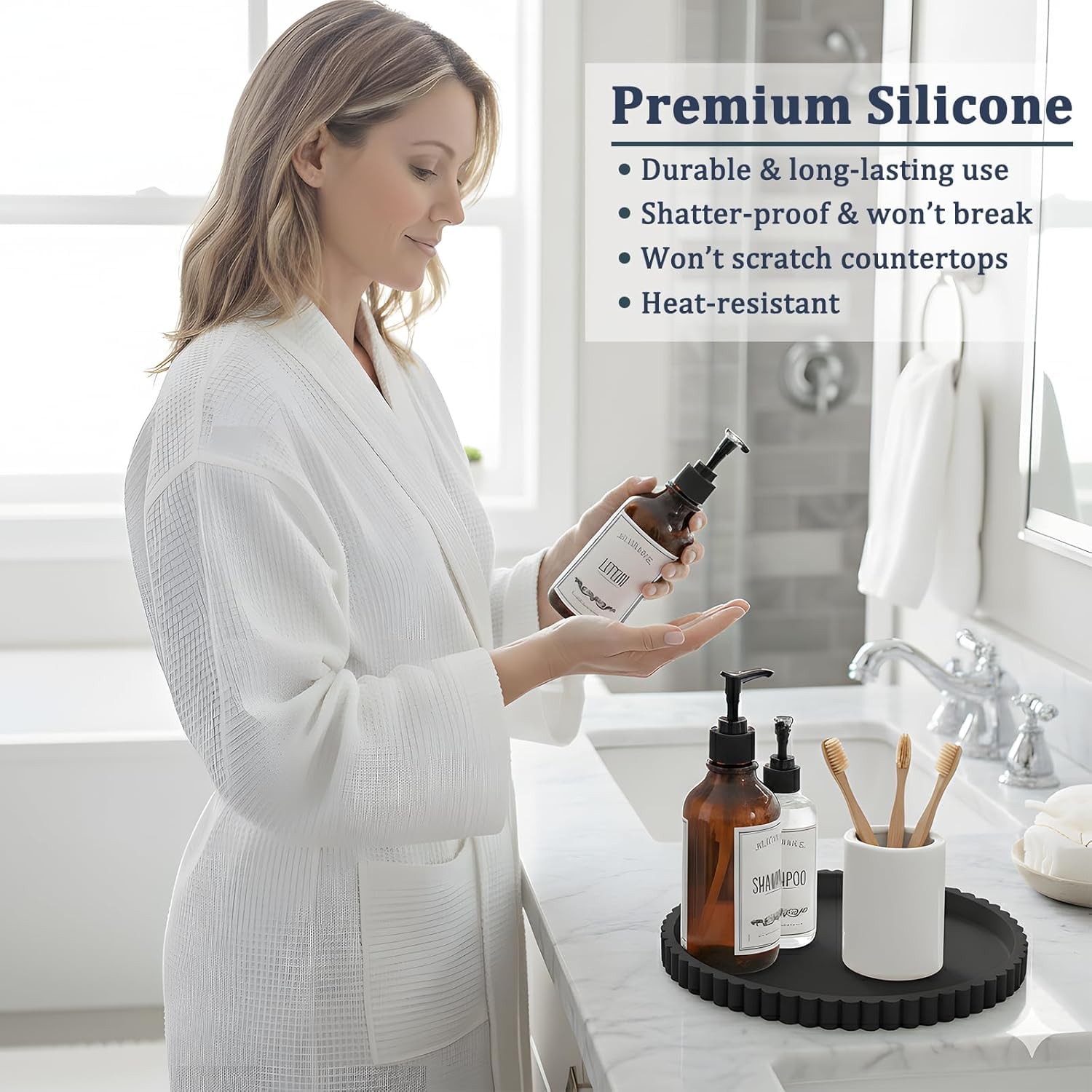 Silicone Bathroom Tray Round Vanity Tray Decorative Soap Holder Kitchen Countertop Organizer Coffee Table Decor for Candle, Perfume, Plant