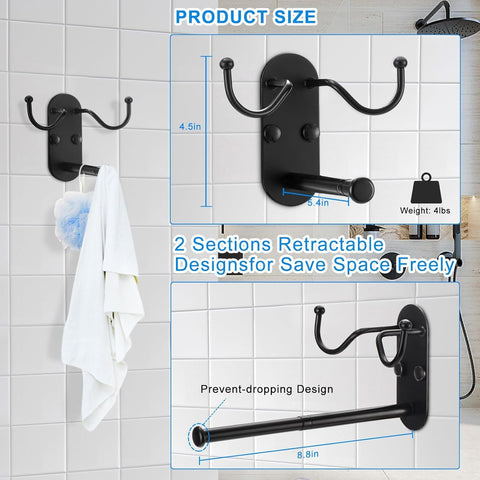 Retractable Clothes Hanger Storage Organiser Rack with Double Coat Hooks ,Wall Mounted Metal Clothes Hanger Hooks