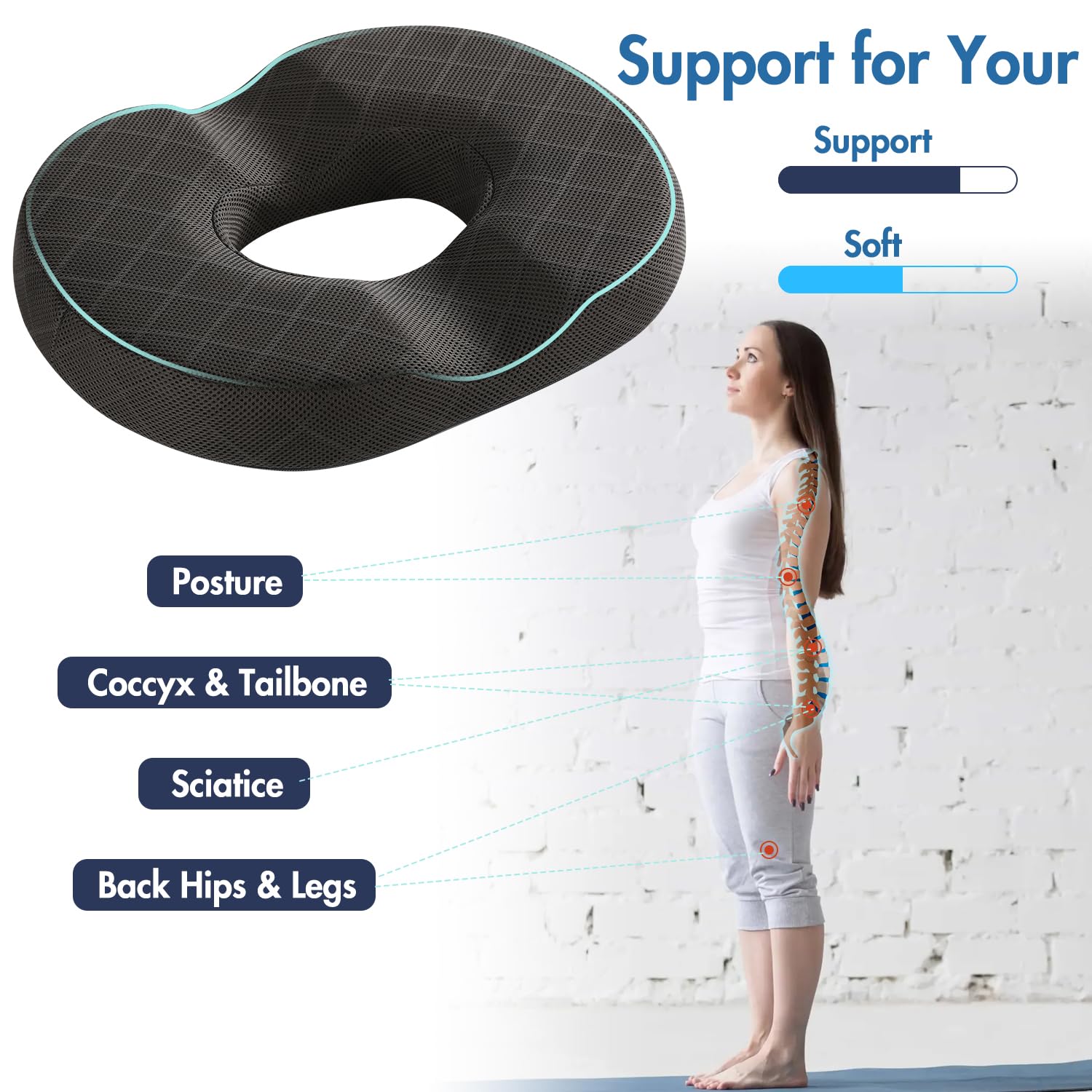 SKYNY Gel Donut Cushion for Hemorrhoids, Coccyx & Tailbone Pain Relief Donut Pillow– Orthopedic Memory Foam Ring Seat Cushion for Office Chair